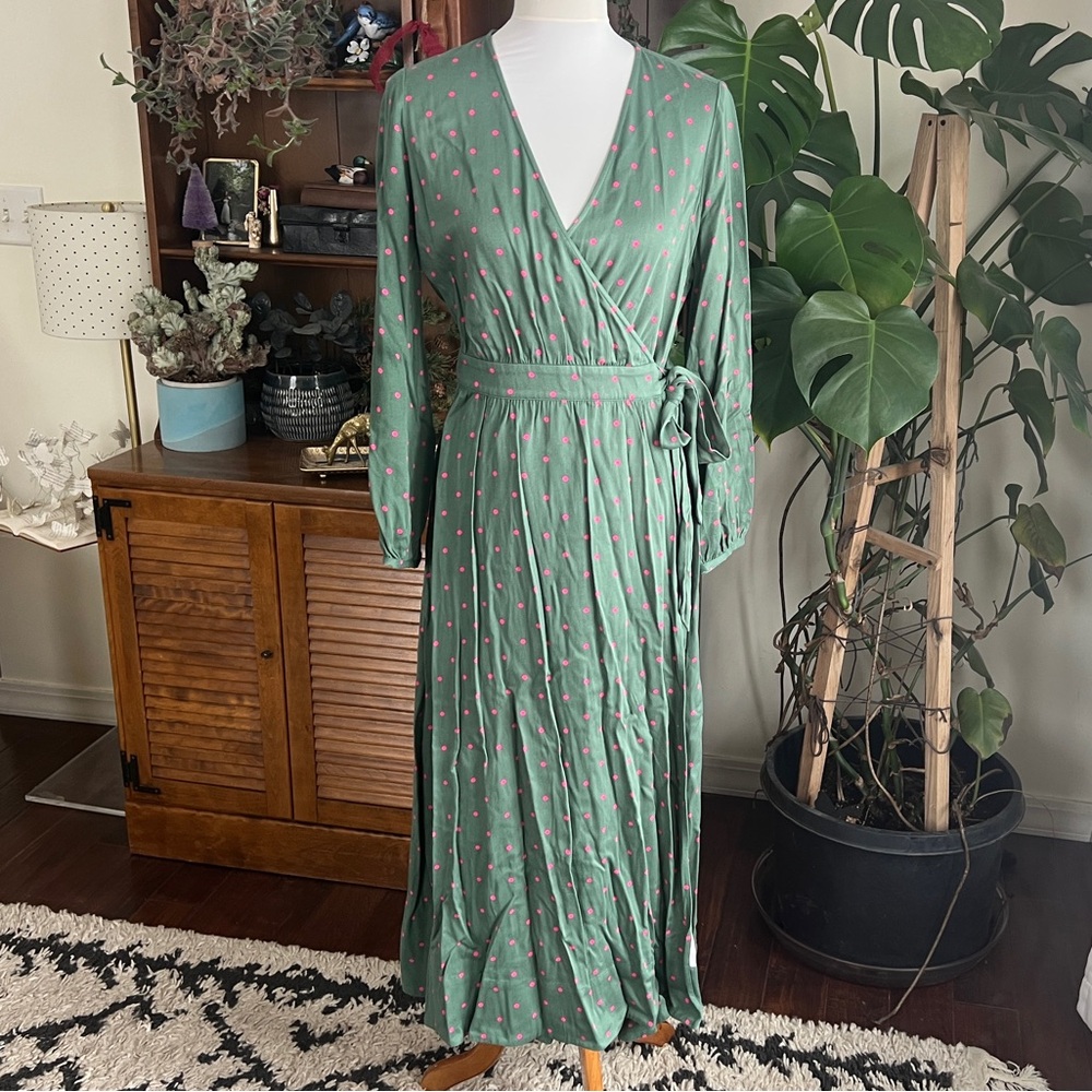 Urban Outfitters ban.do Green & Pink Dot Long Sleeve Wrap Midi Dress S/M